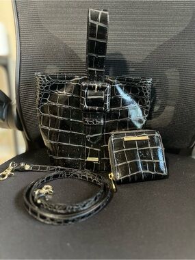 Brahmin Black Croc-Embossed Mini Bucket Bag with Coin Pouch